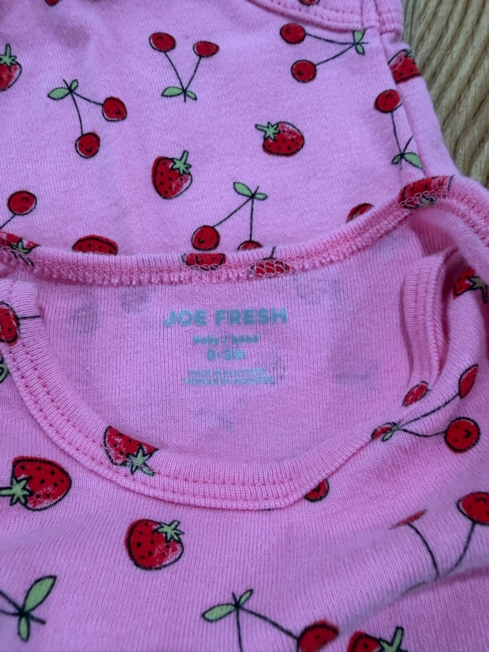 7/$20 Joe Fresh Pink Cherry & Strawberry Print Long-Sleeve Baby One-Piece Cotton - Picture 3 of 4